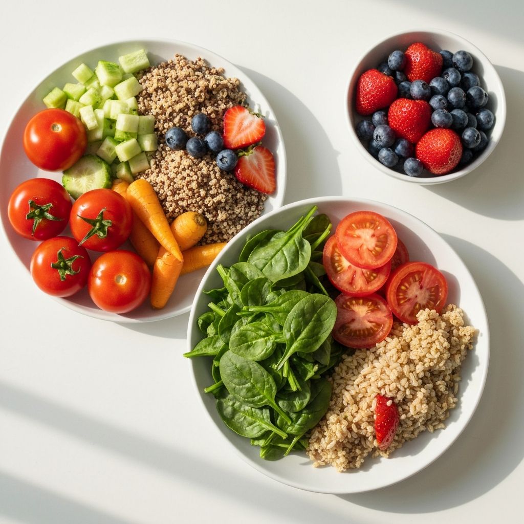 Balanced healthy meal with vegetables and fruits